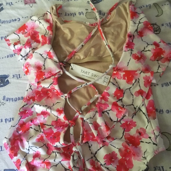 TART Swim one piece ruffled floral swimsuit with laced back S NWT pink red - Picture 9 of 10
